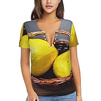 One Basket Lemon Women's Flowy Tops,V-Neck T-Shirts, Plus Size Blouses with Short Sleeves, Suitable for Summer,Work Wear
