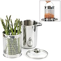 Asparagus Pot Deep Fryer Pot, Stainless Steel Steam Cooker with Basket and Lid Vegetable Asparagus Cooker for Pasta, Spaghetti, Japanese Tempura Small Deep Frying Pot with Oil Drip Drainer Rack, 4 Qt