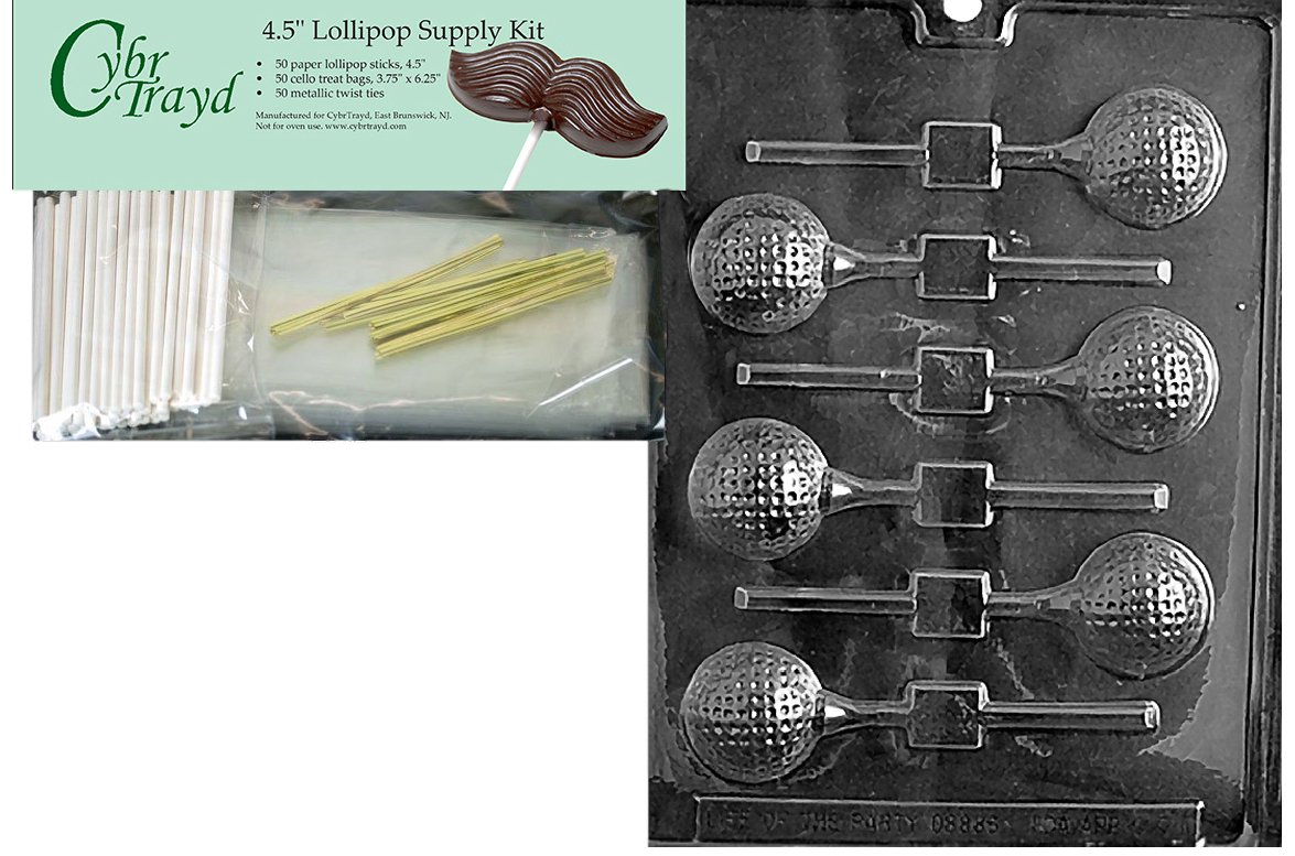 Cybrtrayd Golf Ball Lolly Chocolate Candy Mold with Lollipop Supply Kit, Includes 50 4.5-Inch Lollipop Sticks, 50 Cello Bags and 50 Metallic Twist Ties