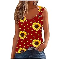 Summer Tops Women's Sexy Scoop Neck Sleeveles Blouses Basic Loose Going Out Shirts Cute Sunflower Graphic Tee Shirts