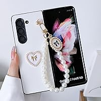 Omio Designed for Samsung Galaxy Z Fold 5 Case with Strap Cute Bowknot Heart Case for Girls Women Detachable Pearl Hand Chain Lanyard Slim Shockproof Hard PC Leather Cover for Galaxy Z Fold 5 5G White
