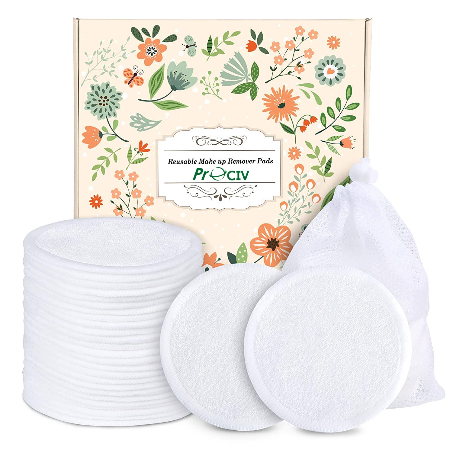 ProCIV Reusable Makeup Remover Pads, 18 Packs Washable Organic Bamboo Reusable Cotton Rounds for All Skin Types & Toner with Laundry Bag, Eco Friendly Zero Waste Reusable Cotton Pads for Woman (White)