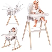 Baby High Chair, 7-in-1 Grow with Family Convertible Wooden High Chair for Babies and Toddlers, Rocking Chair, Reclining Seat, Easy to Clean Compact High Chair Removable Cushion and Double Tray