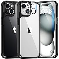 TAURI 5 in 1 for iPhone 15 Case, [Not-Yellowing] with 2X Screen Protectors + 2X Camera Lens Protectors, [Military Grade Drop Protection] Shockproof Slim Phone Case for iPhone 15, Black