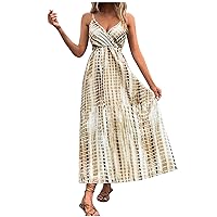 Women Tie Dye Plaid Print Wrap V Neck Cami A-Line Dress Sleeveless Spaghetti Strap Summer Casual Fashion Beach Dress