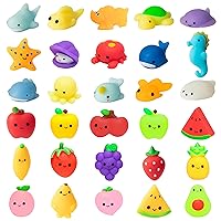 30Pcs Mochi Squeeze Toys for Kids 15Pcs Ocean Animals Mochi and 15Pcs Fruit Mochi Party Favor Decoration Stress Relief Birthday Gift Goodie Bags Mini Toys Classroom Prize for Boys Girls