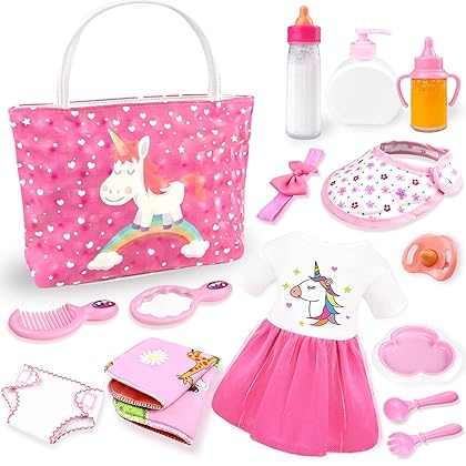 BNUZEIYI Baby Doll Accessories -Baby Doll Feeding and Caring Set with Diaper Bag Doll Diaper and Bottles for Girls Toys Gift, Baby Doll Stuff Doll Clothes fit 14-16 Inch Doll and 18 Inch Doll