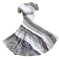 Petite Dresses for Women Spring Summer Casual Short-Sleeved V-Neck Printed Swing Maxi Dress Party Dresses Gray Medium