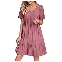 Women Summer Ruffe Hem Belly Hide Casual A-Line Dress Short Sleeve V-Neck Fashion Pleated Loose Fit Solid Dresses