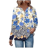 NLRTEI Graphic Tees for Women,Women Under Shirts V Neck Button Long Sleeve Pleated T-Shirt Fashion Tops Tunic Button Blouse