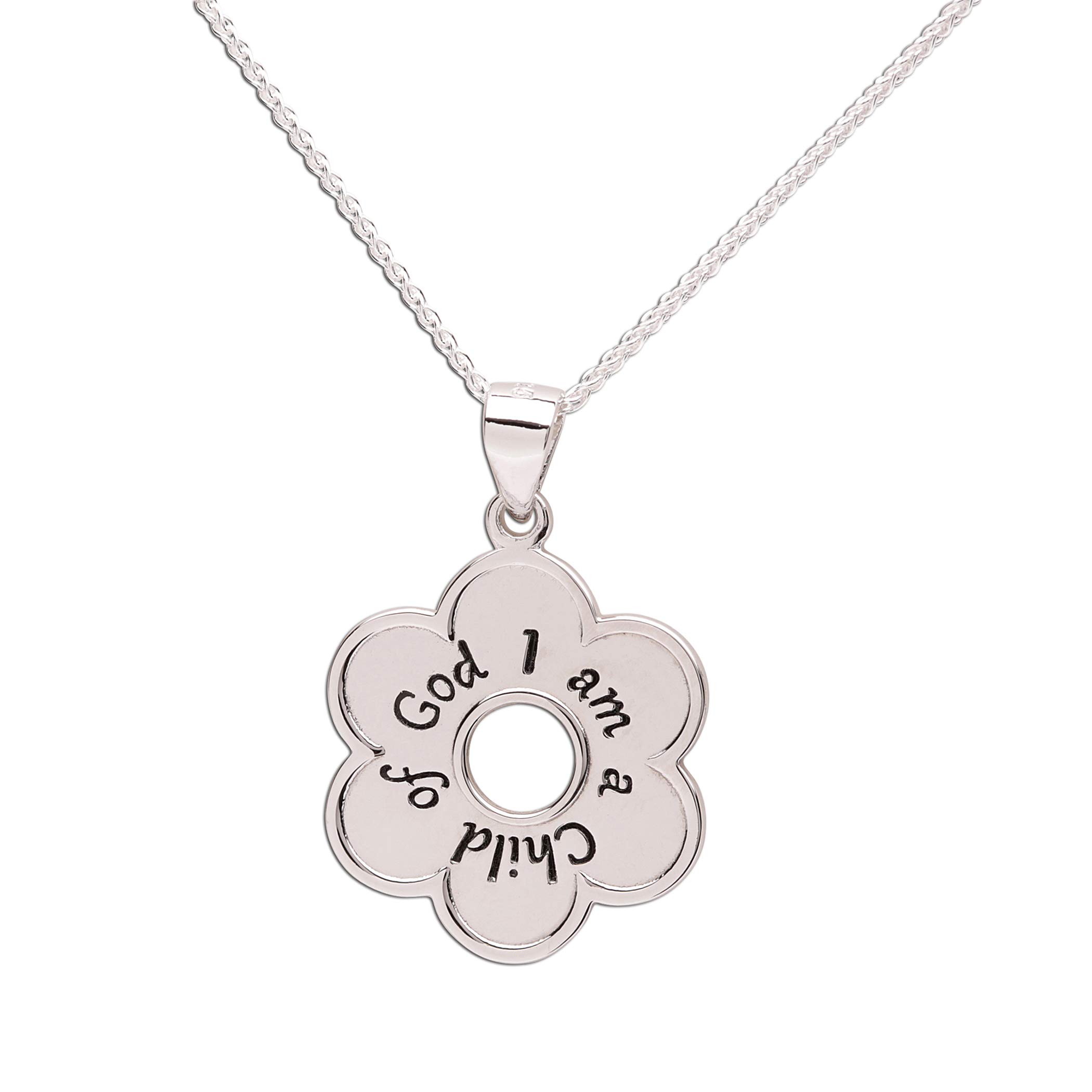 Precious Pieces Girl's Sterling Silver I Am a Child of God Daisy Necklace Religious Baptism and First Communion Gift for Girls