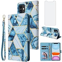 Asuwish Compatible with iPhone 11 6.1 Wallet Case Tempered Glass Screen Protector Card Holder Cell Accessories Leather Flip Phone Cases for iphone11case iPhone11 i Phone11 11s XI 11R Women Men Blue