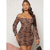 Women Dresses Flocked Floral Mesh Off Shoulder Flounce Sleeve Ruched Bodycon Mini Dress