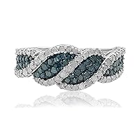 1.23 Cttw Round Cut Natural White & Color Enhanced Blue Diamond Wave Band Ring Sterling Silver