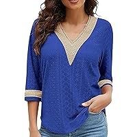Womens Lace Trim V Neck Tops 3/4 Sleeve Chiffon Blouses for Women Fashion 2024 Business Casual Outfits Going Out Tops Dressy Shirts Multicolor X-Large Three Quarter Sleeve Tops