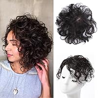5x3 Full Hand Made Silk Base 100% Real Human Hair Topper for Women with Thinning Hair,Curly Wavy Topper Hairpiece Clip in Top Hair Piece Cover Gray Hair and Hairline(7