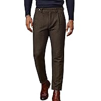 Men Vintage Tweed Pants Herringbone Pleated Suit Trousers