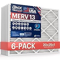 TruFilter 20x25x1 Air Filter MERV 13 (6-Pack) - MADE IN USA - Electrostatic Pleated Air Conditioner HVAC AC Furnace Filters for Allergies, Pollen, Mold, Bacteria, Smoke, Allergen, MPR 1900 FPR 10