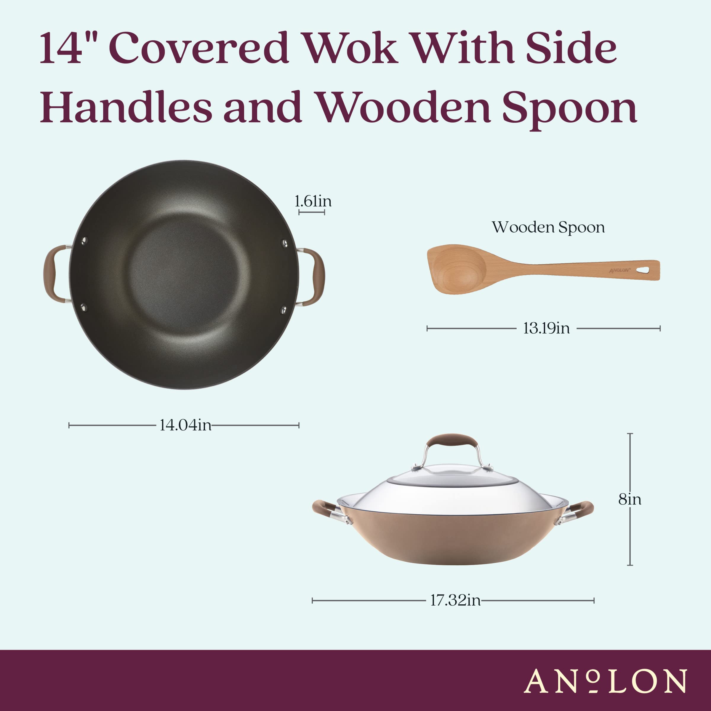 Anolon Advanced Home Hard Anodized Nonstick Wok/Stir Fry with Lid and Cooking Tool, 14 Inch, Bronze