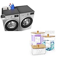 3 Pack Plastic Laundry Room Organization Jars and Dryer Sheet Holder with Lid, Labels, Scoop & 2 Pieces Washer and Dryer Covers for the Top 23.6''x 23.6'' Silicone Dryer Top Protector Mat