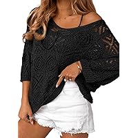 Dokotoo Women's 2024 Spring Summer Crochet Hollow Out 3/4 Sleeve Pullover Sweater Off Shoulder T-Shirts