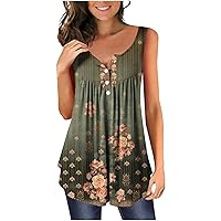 Women Ethnic Retro Floral Henley Babysoll Tunic Tank Tops Summer Hide Belly Fashion Casual Flowy Sleeveless T-Shirts