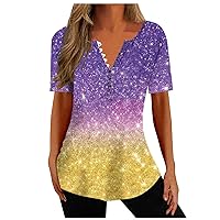 Womens Tops Henley Neck Dressy Casual Sexy Shirts Summer Short Sleeve Blouses Trendy Geometric Print Flowy T-Shirts