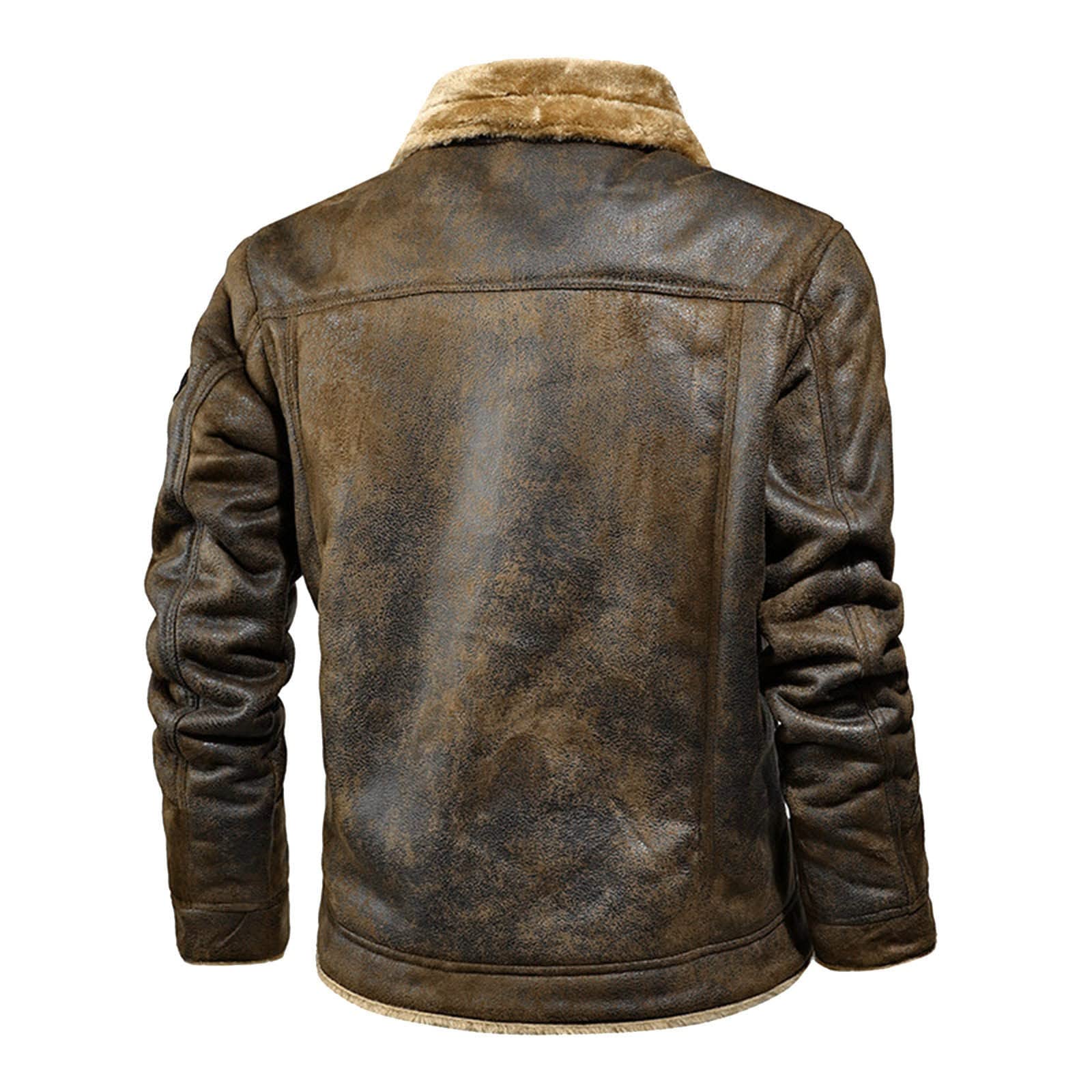 XIAXOGOOL Winter Coat For Men,Bomber Faux Leather Jacket For Men Vintage Turn-Down Collar Sherpa Lining Coat Sport Jackets