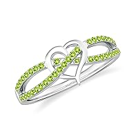 Natural 1mm Peridot Criss Cross Promise Ring Heart Shaped for Women Girls in Sterling Silver / 14K Solid Gold