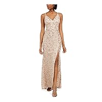 Vince Camuto Womens Sequined Slitted Spaghetti Strap V Neck Full-Length Formal Sheath Dress