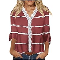 YZHM Womens Fashion Shirts 3/4 Sleeve Tops Marble Print Tshirts V Neck Lace Trim Tunic Tops Dressy Casual Blouses Trendy Tees, 3/12 Length Sleeve Tops for Women Summer