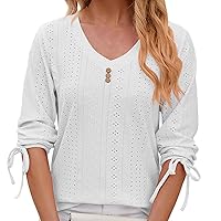 Women's Eyelet Tee Tops Drawstrings Half Sleeve V Neck Tshirts Summer Trendy Hollow Out Solid Dressy Casual Blouses