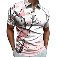 Japanese Cherry Blossom Men's Polo-Shirts Short Sleeve Golf Shirt Slim Fit Casual Zip T-Shirts Tops