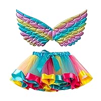 Kids Girls Ballet Skirts Costume Party Rainbow Tulle Dance Skirt with Wing Outfits Plaid Skirt Kids Denim Jacket