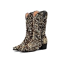 Sequins Cloth Mid-calf Boots Chunky Heels Boot Slip-on Women Shoes Glitter Cowgirl Boots