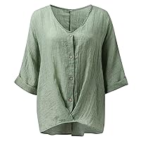 Women's Cotton Linen Blouses Short Sleeve Henley Shirts Button Down V Neck Casual Loose Work Tops Tunics Top