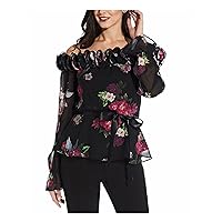 Adrianna Papell Womens Black Ruffled Belted Elastic Waist Lined Floral Long Sleeve Off Shoulder Evening Top 2
