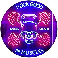 No Pain No Gain I Look Good in Muscles Weight Train Gym Fitness Dual Color LED Neon Sign Red & Blue 12 x 16 Inches st6s34-i4093-rb