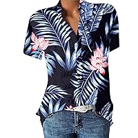 Summer Tops for Women 2024 Trendy Cute Floral Print Shirt Short Sleeve Casual V Neck Button Tunic Tops