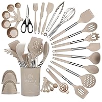 QMVESS Silicone Kitchen Utensil Set, 28 Pcs Non-Stick Cooking Utensils Set with Holder, Tongs, Spatula, Whisk, Measuring Cups and Spoons Set with Stainless Steel Handle Kitchen Gadgets (Khaki)