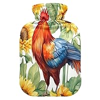 Hot Water Bottle with Cover 1L Warm Water Bottle for Hot and Cold Compress Hot and Cold Therapies,Hand Feet Warmer,Sunflower Rooster