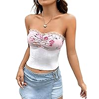Women's Tops Sexy Tops for Women Women's Shirts Floral Print Ruched Frill Trim Tube Top Shirts for Women