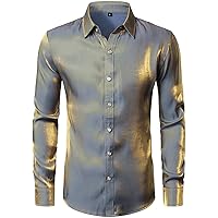 JOGAL Men's Shiny Satin Long Sleeve Button Down Shirts 70s Disco Costume