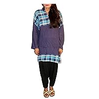 Blue Color Women's Long Dress Check Print Gil's Frock Suit Indian Top Tunic Casual Maxi Gown Dress