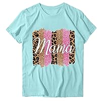 Women's Mama Letter T-Shirts Fashion Leopard Graphic Crewneck Blouse Summer Short Sleeve Mom Tops