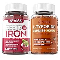 NEVISS Iron Gummies 12.5mg with Beet Root, Multivitamin 2 Pack - L Tyrosine 1000mg Supplement with B Complex 2 Pack, Low Sugar, Vegan
