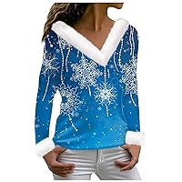 Women's Blouses Dressy Casual T Shirt Tee Christmas Shirt Long Sleeve Party Print Fleece Collar Top, S-3XL