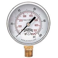 Winters 2-1/2 inch Dial Size, Economy Utility Pressure Gauge, Potable Brass Internals, Steel Case, Dual Scale 0-100 psi/kPa, 3-2-3% Accuracy, 1/4 inch NPT Bottom Mount, Drinking Water Pressure Gauge