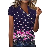Women Button Trim Wrap Slanted V-Neck Floral Tops Summer Short Sleeve Casual Loose Fit Trendy T-Shirts for Going Out