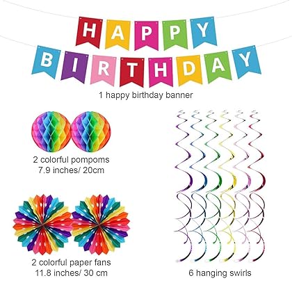 UNIIDECO Colorful Happy Birthday Decoration Kit, Including Rainbow Pom Poms, Banner, Swirls, Bday Decor For Men Women Kids Boy Girl, The Colored Office Birthday Decorations, Candy Party Supplies